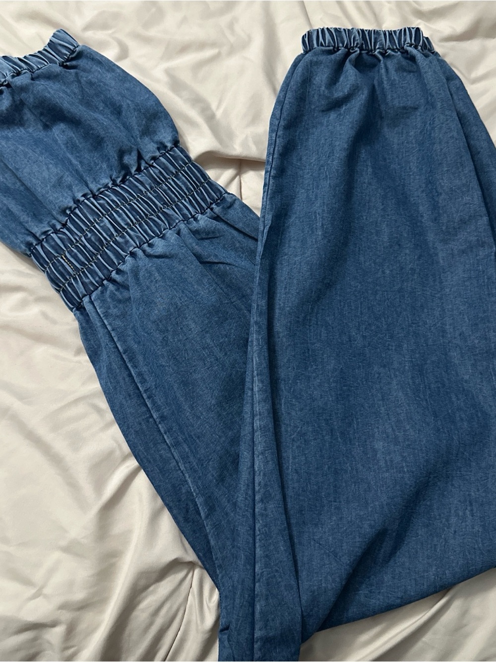 Smocked Waist Denim Cargo Jumpsuit - Blue - Picture 3 of 3